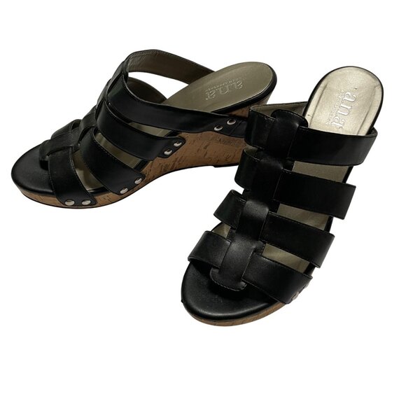 Womens Black Cork Wedge Sandals With Strappy Design By A.N.A. Size 8M - Picture 1 of 9